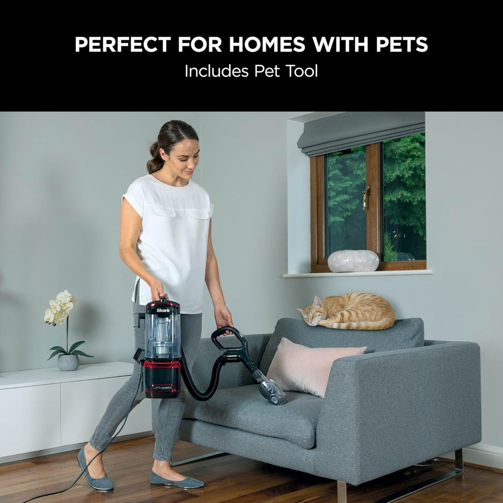 Shark Corded Upright Vacuum Cleaner 1.1L with Lift-Away Technology, Pet Model, LED Headlights, Anti-Allergen, 8m Cord, 750W, Pet, Crevice & Multi-Surface Tools, Red/Black, NV602UKT