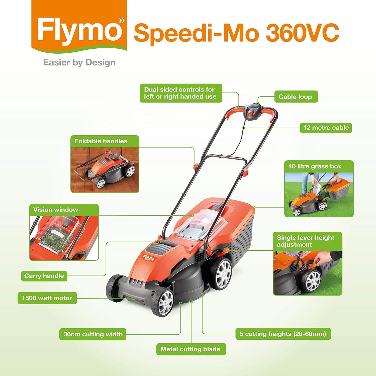 Flymo Speedi-Mo 360VC Electric Rotary Lawn Mower, 1500W, 36cm Cutting Width, 40 L Grass Box, 967663301
