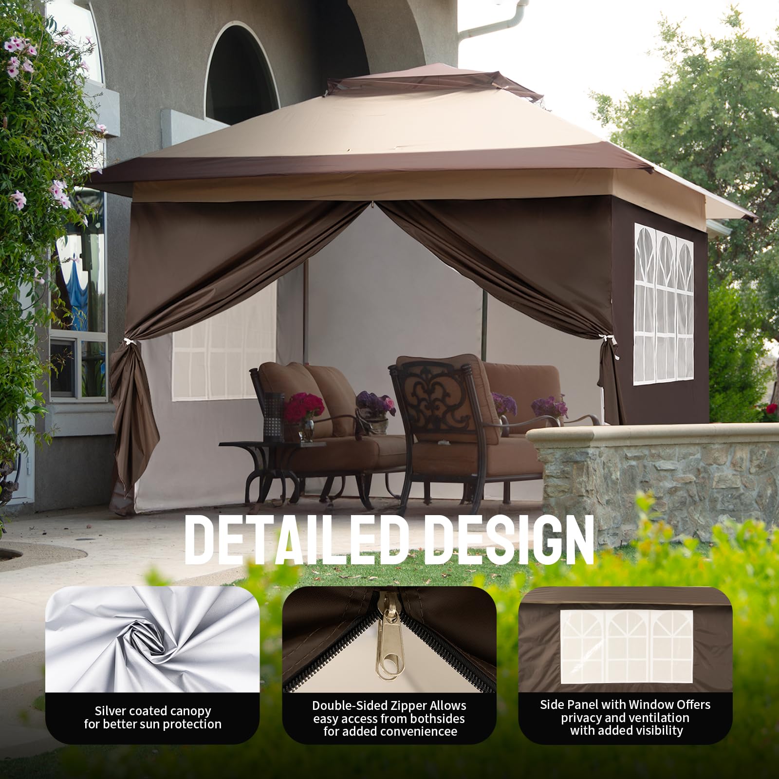 CROWN SHADES 4m x 4m Pop Up Gazebo with 4 Removable Side Panels, Double Roof Pop Up Party Canopy, Height-Adjustable Metal Frame Garden Shelter for Patio & Outdoor Events, Includes Carry Bag