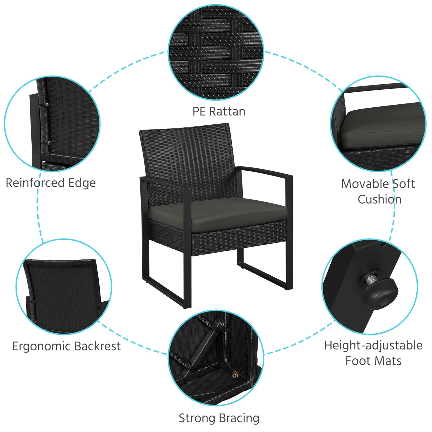 3 Piece Rattan Garden Bistro Set with Cushioned Chairs & Glass Table Black Grey