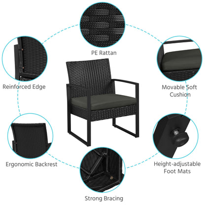 3 Piece Rattan Garden Bistro Set with Cushioned Chairs & Glass Table Black Grey