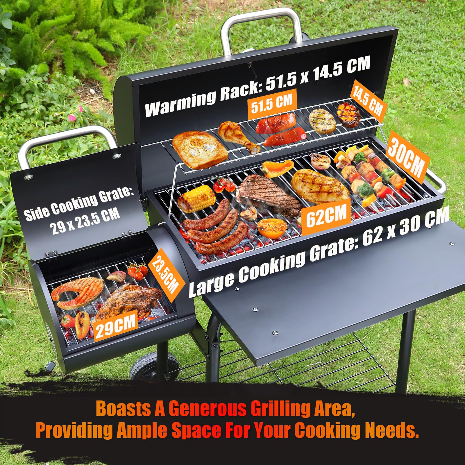Charcoal BBQ Grill With Offset Smoker: Large Oil Drum Barbecue Barrel Grill For Outdoor Garden