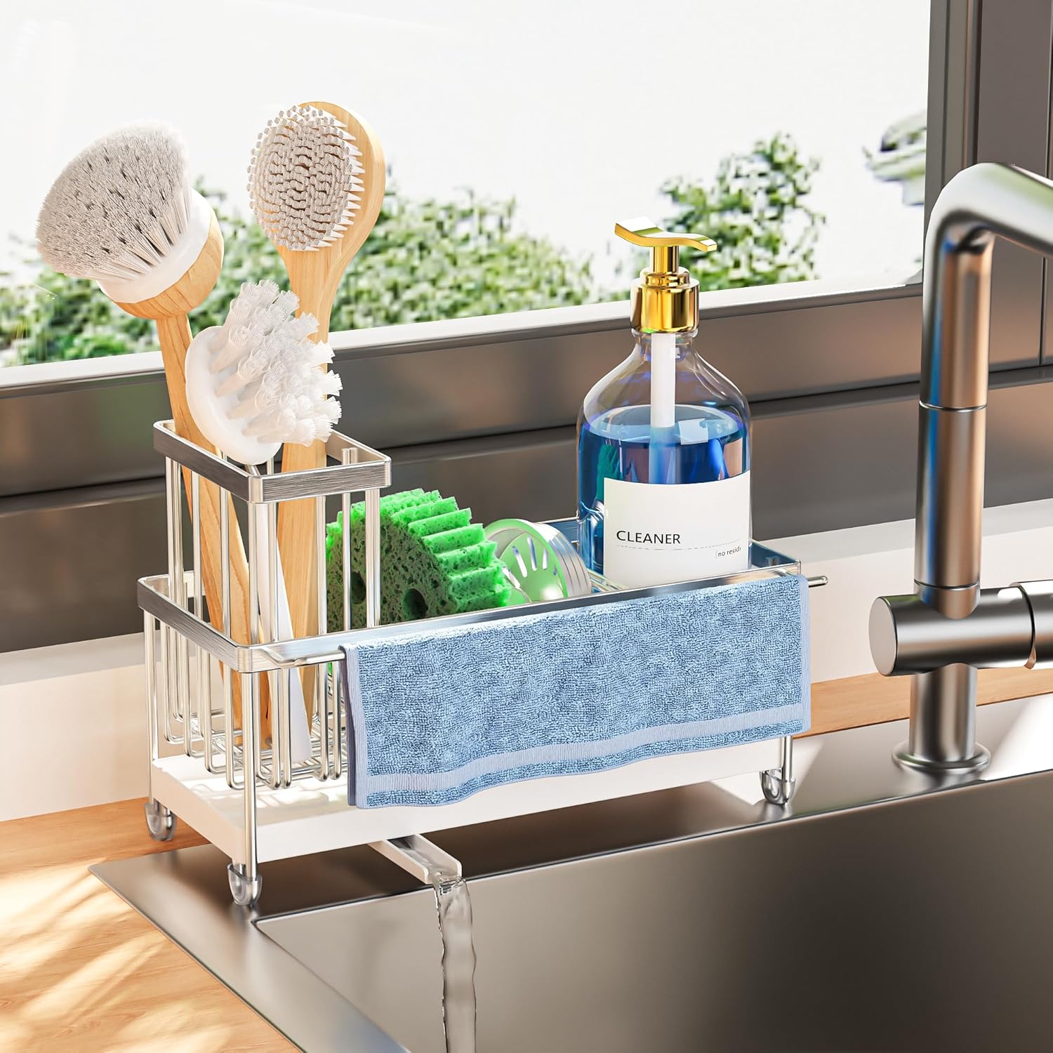Cisily Sponge Holder for Kitchen Sink, Sink Caddy Organizer with High Brush Holder, Kitchen Countertop Organizers and Storage Essentials, Rustproof 304 Stainless Steel (Black, 9.25″)