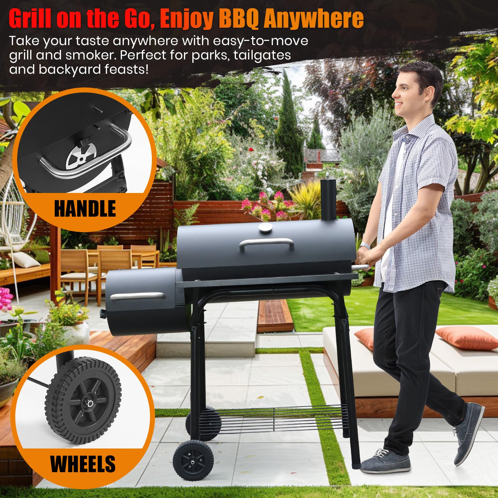 Charcoal BBQ Grill With Offset Smoker: Large Oil Drum Barbecue Barrel Grill For Outdoor Garden