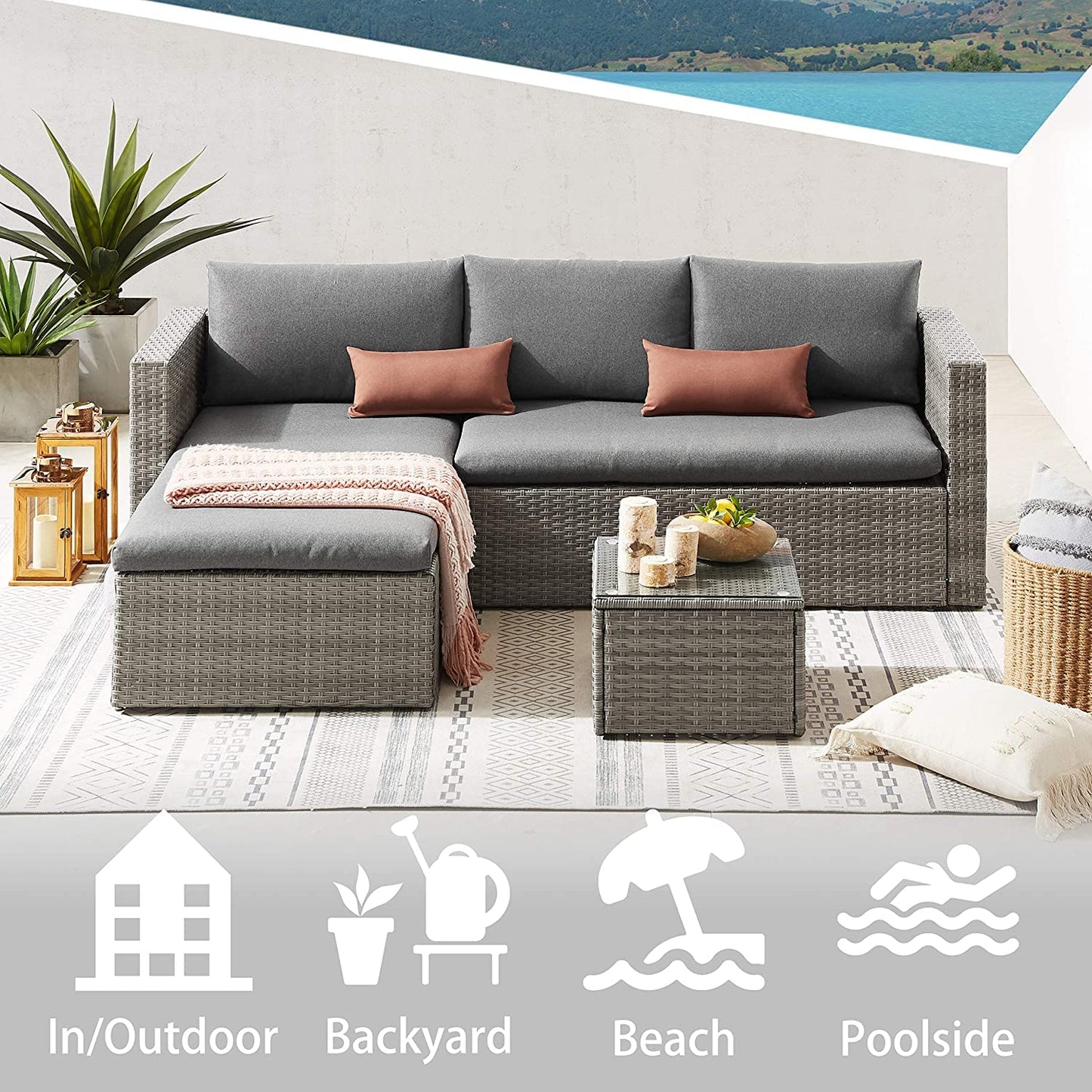 5 Piece Rattan Garden Furniture Set with Ottoman & Glass Coffee Table Grey