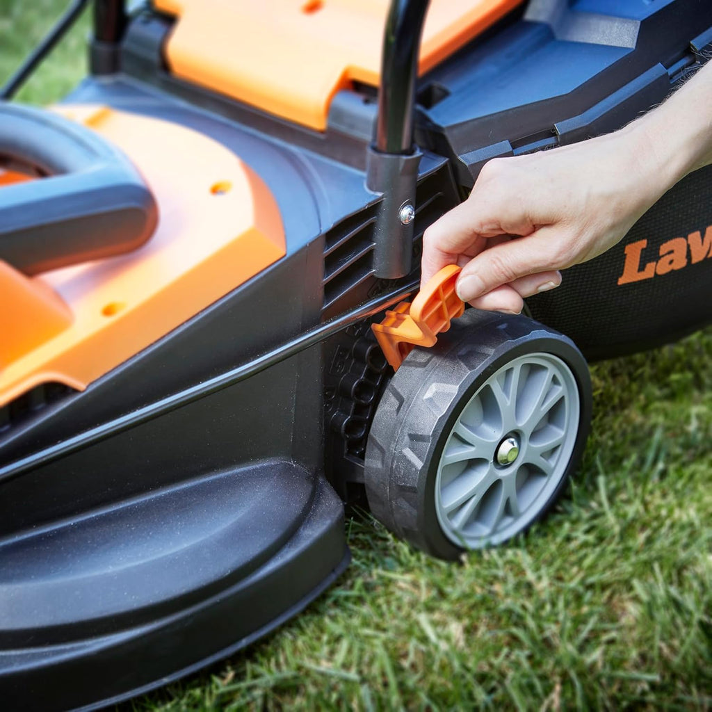 LawnMaster 1200W Electric Lawn Mower with 32cm cutting width, ideal for small lawns. With 5 adjustable cutting heights and rear roller for striped finish, 2 year guarantee