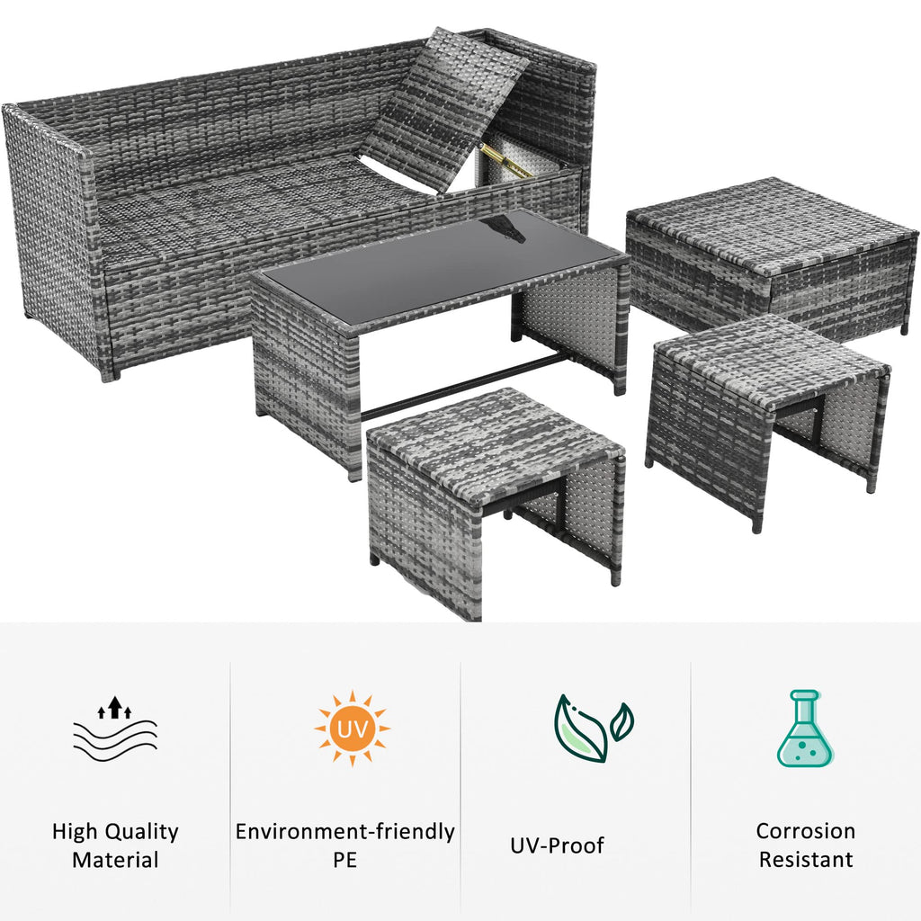 BTM 6 Seater Garden Furniture Set, PE Ratten Garden Sofa Set, Lounge Set with an Adjustable Seat for Lying & Tee Table & Cushions & Ottomans