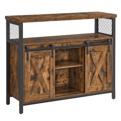 Sideboard with 2 Sliding Barn Doors, Adjustable Shelves, Kitchen & Living Room Cabinet, Rustic Brown & Black