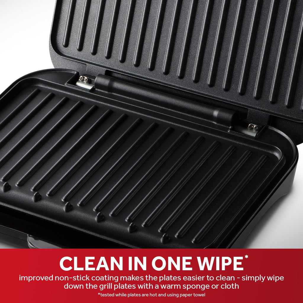 George Foreman Medium Electric Fit Grill [Non stick, Healthy, Griddle, Toastie, Hot plate, Panini, BBQ, Energy saving, Vertical storage, Easy clean, Drip tray, Ready to cook light] Black, 1630W 25810