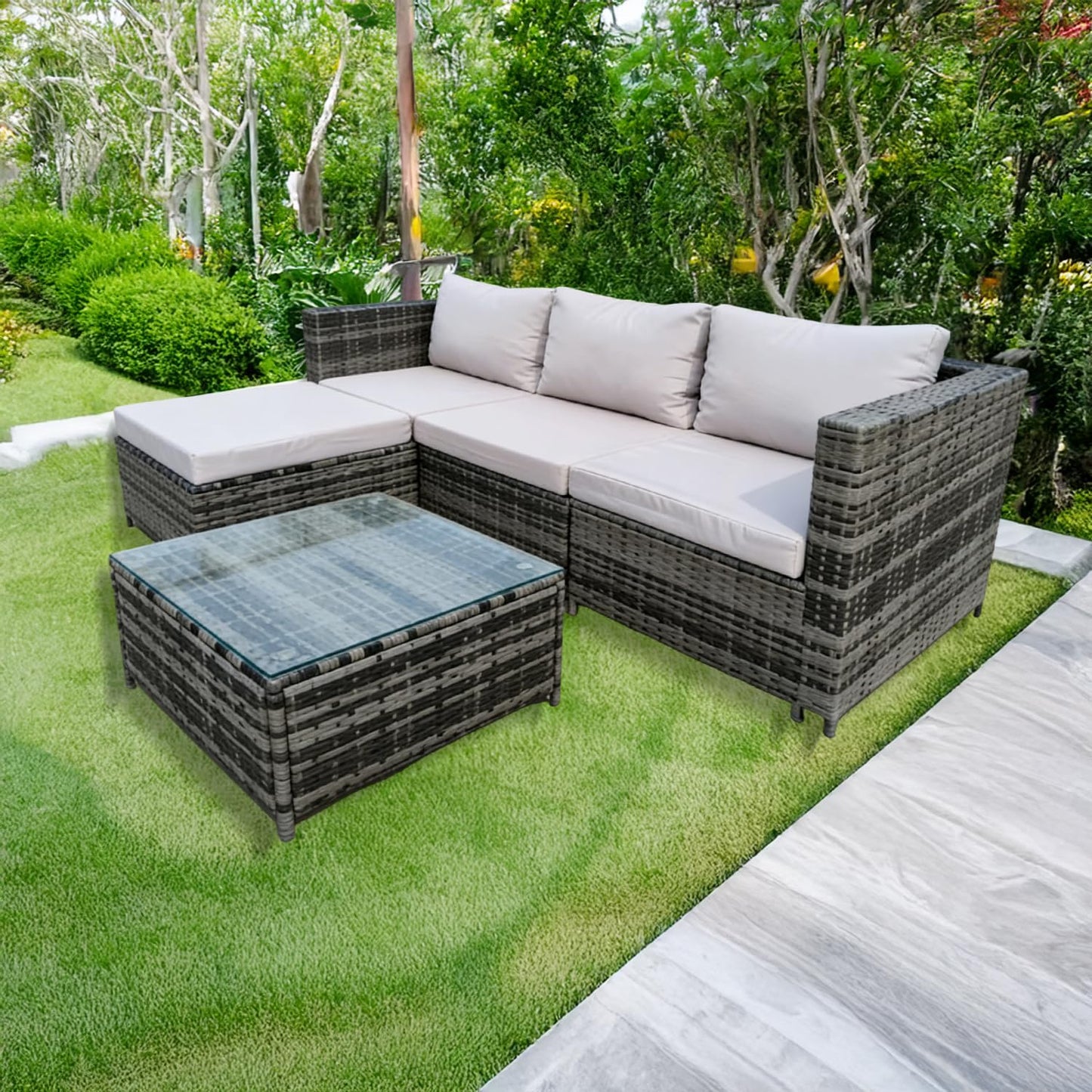 4 Seater Rattan Garden Corner Sofa Set with Ottoman & Glass Coffee Table Grey