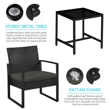3 Piece Rattan Garden Bistro Set with Cushioned Chairs & Glass Table Black Grey