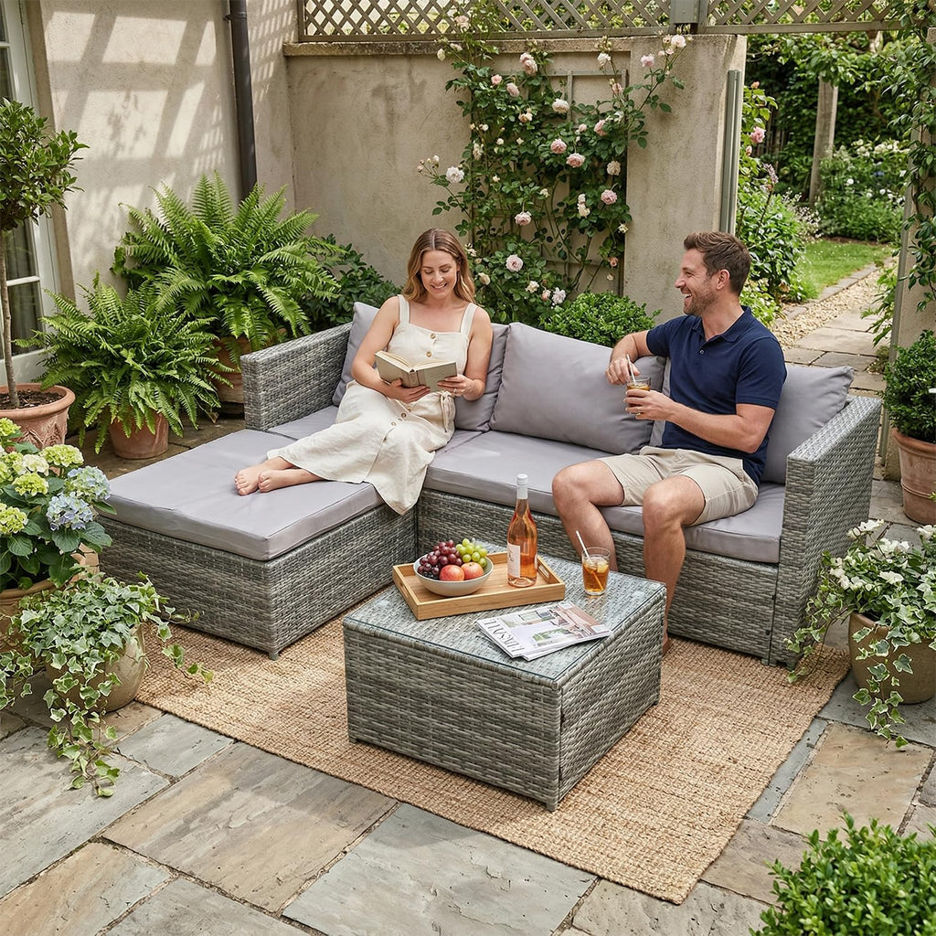 COZYBRITE Garden Corner Sofa Rattan Furniture Set 4 Seater Patio Outdoor Lounge Settee with Glass Coffee Table All-weather SFS066 (Mix Grey Rattan+Grey Cushion)