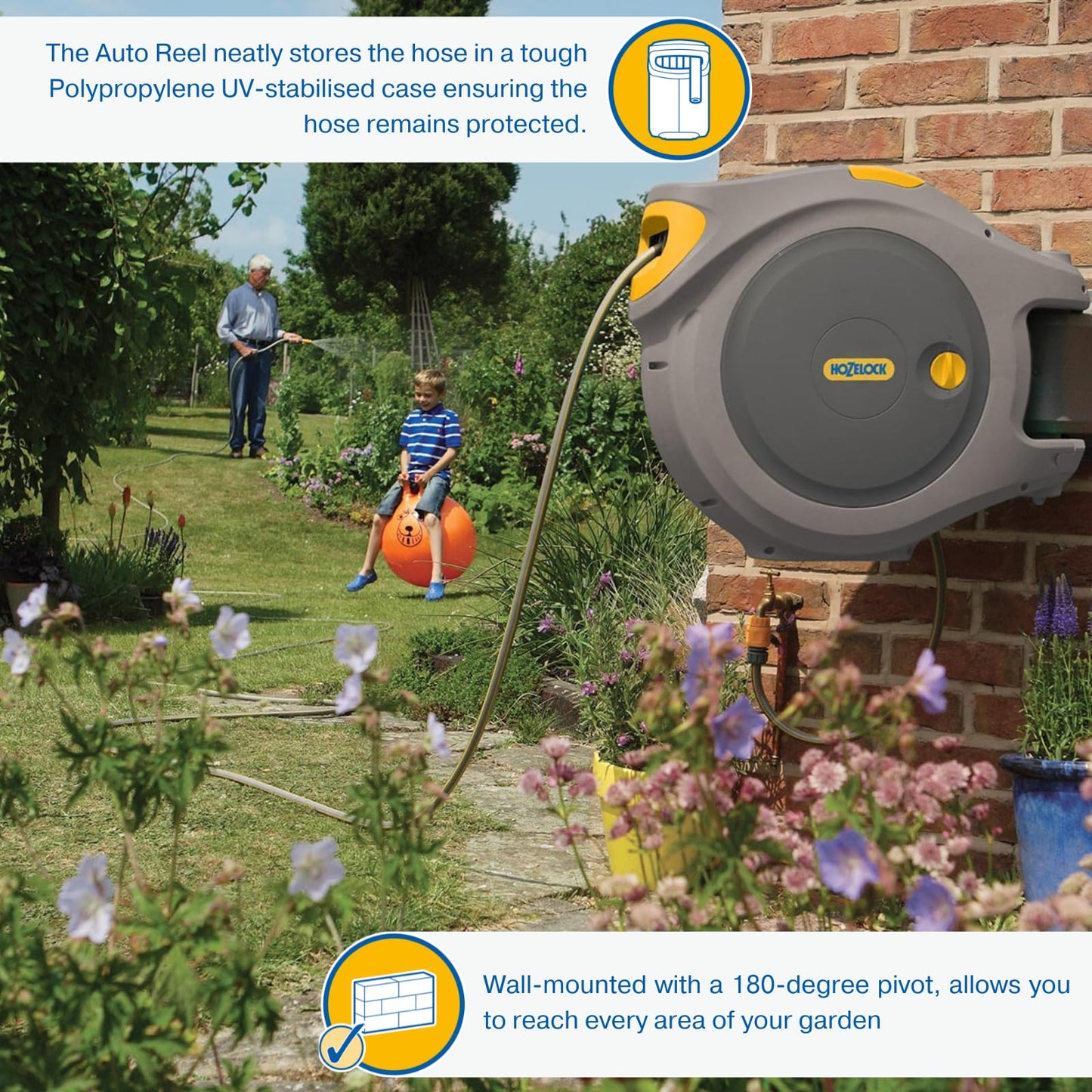 40m Wall Mounted Auto Retractable Garden Hose Reel with 180° Pivot