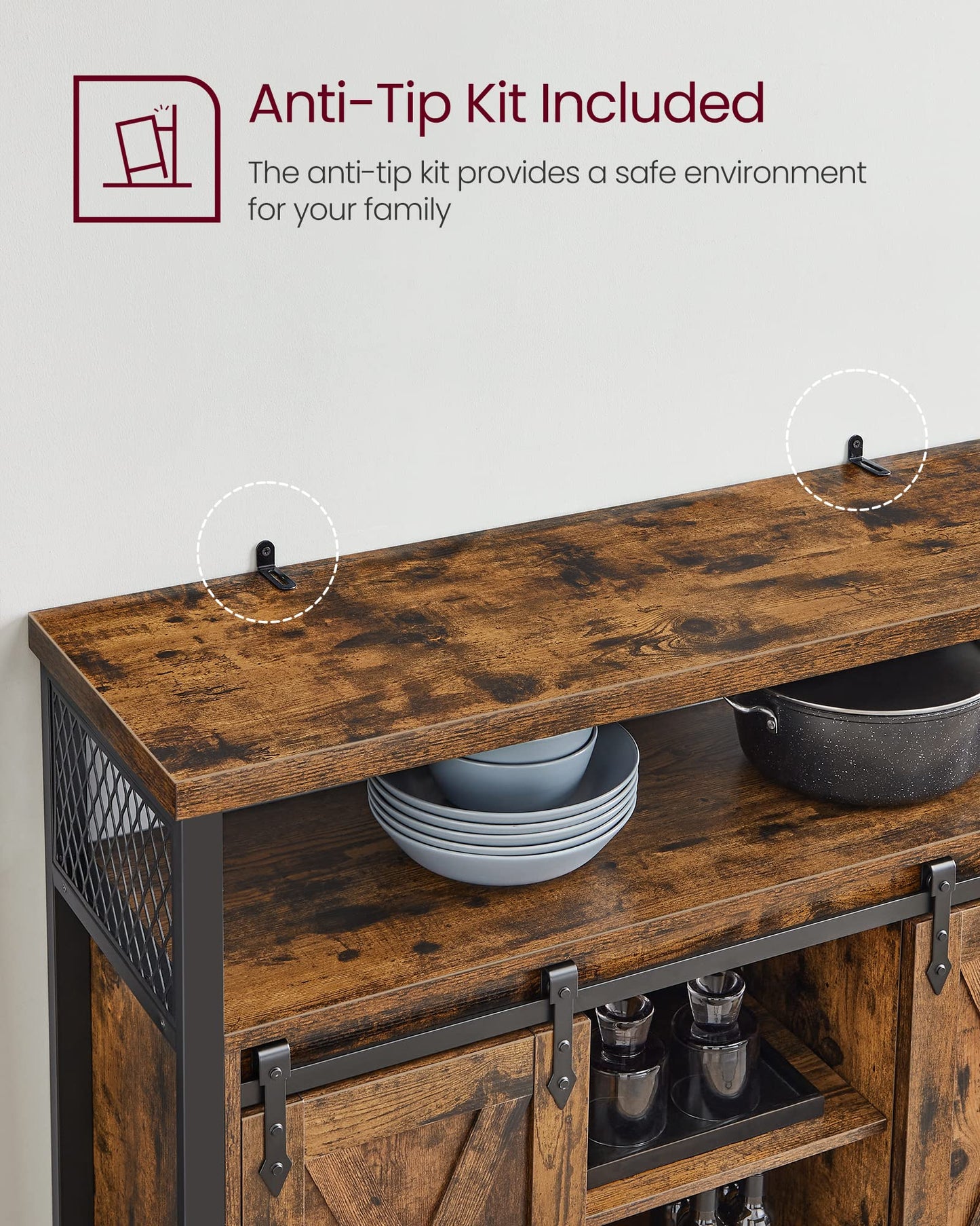 Sideboard with 2 Sliding Barn Doors, Adjustable Shelves, Kitchen & Living Room Cabinet, Rustic Brown & Black