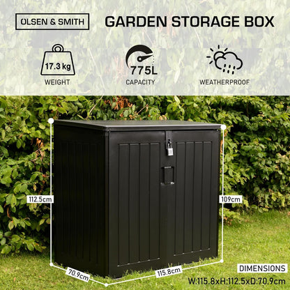775L Waterproof Outdoor Garden Storage Box with Lid & Doors, Lockable Bin & Bike Shed