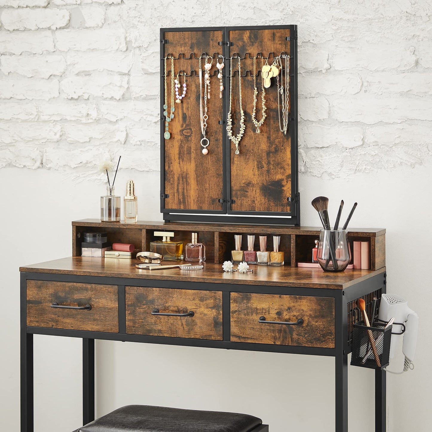 Dressing Table with Tri-Fold Mirror and Stool, 3 Drawers, Hair Dryer Holder, Industrial Rustic Brown & Black