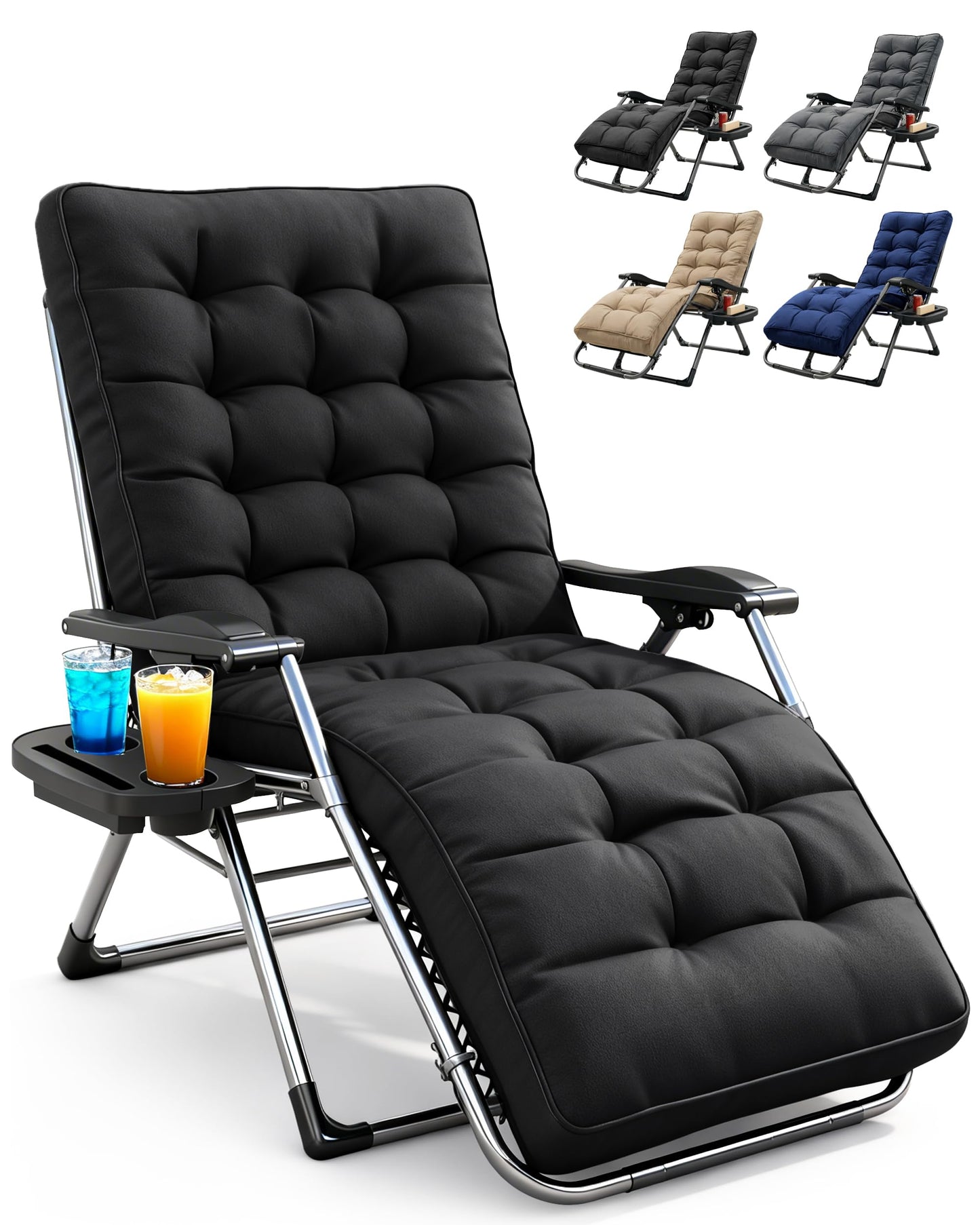 Extra Wide Zero Gravity Reclining Garden Chair with Cushion & Cup Holder Black