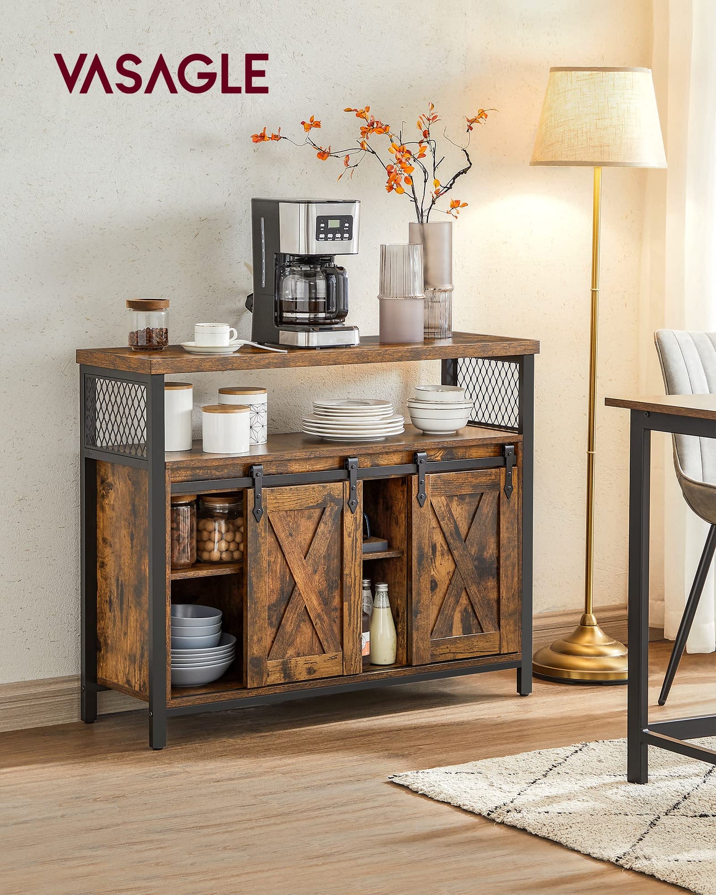 Sideboard with 2 Sliding Barn Doors, Adjustable Shelves, Kitchen & Living Room Cabinet, Rustic Brown & Black