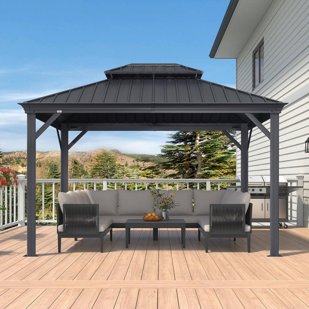 PURPLE LEAF 3 x 3.65m Large Hardtop Gazebo with Galvanised Steel Double Roof, Permanent Aluminium Garden Gazebo with Curtains & Netting for Patio, Lawn or Deck, Grey