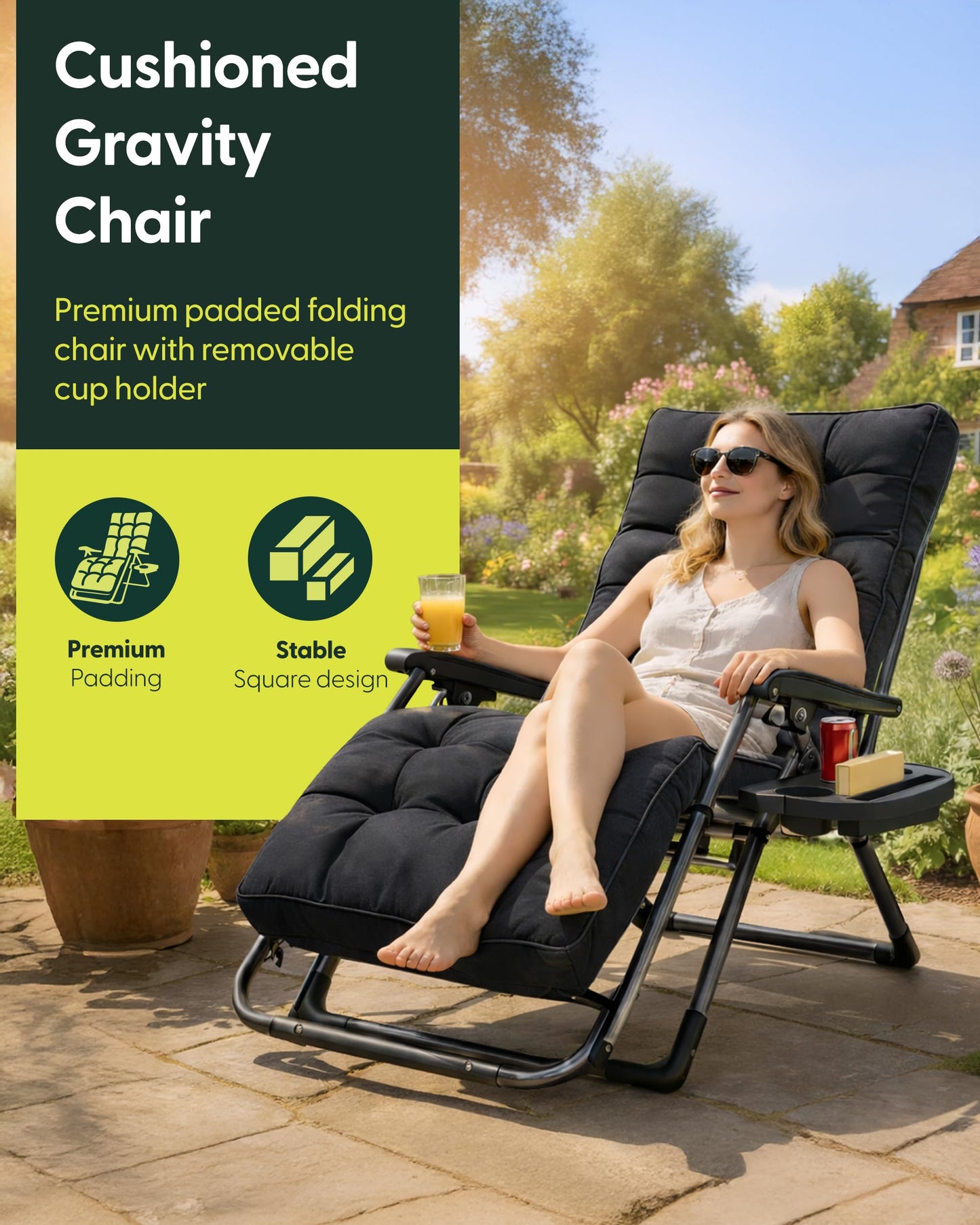 Extra Wide Zero Gravity Reclining Garden Chair with Cushion & Cup Holder Black