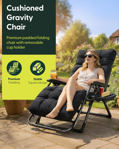 Extra Wide Zero Gravity Reclining Garden Chair with Cushion & Cup Holder Black
