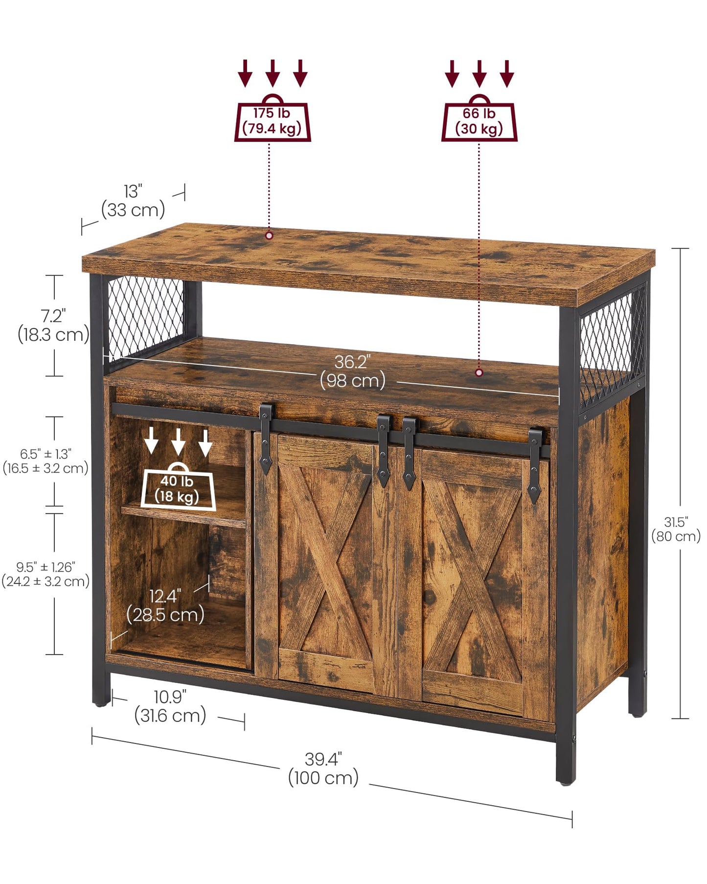Sideboard with 2 Sliding Barn Doors, Adjustable Shelves, Kitchen & Living Room Cabinet, Rustic Brown & Black