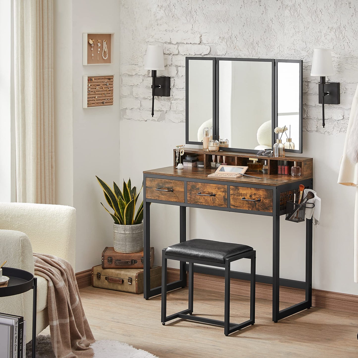 Dressing Table with Tri-Fold Mirror and Stool, 3 Drawers, Hair Dryer Holder, Industrial Rustic Brown & Black