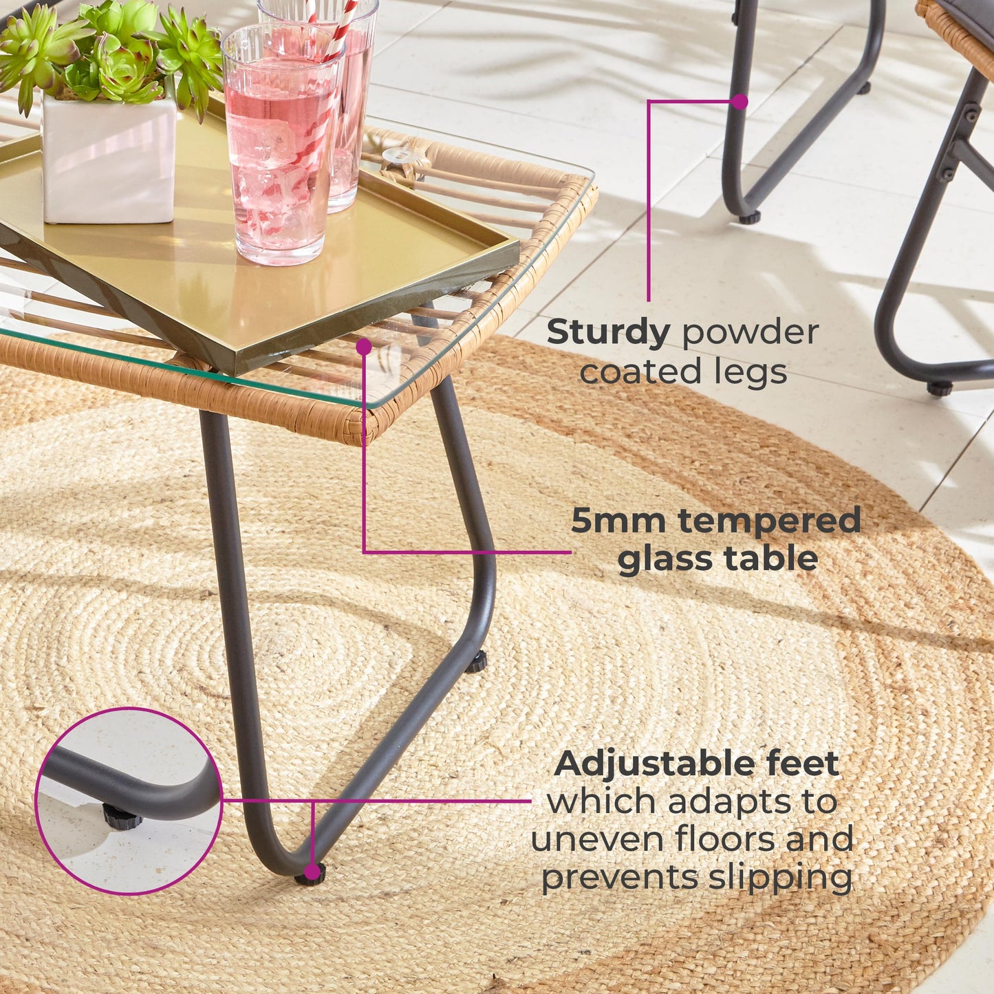 4 Piece Rattan Garden Furniture Set with Sofa, Chairs & Glass Coffee Table Natural