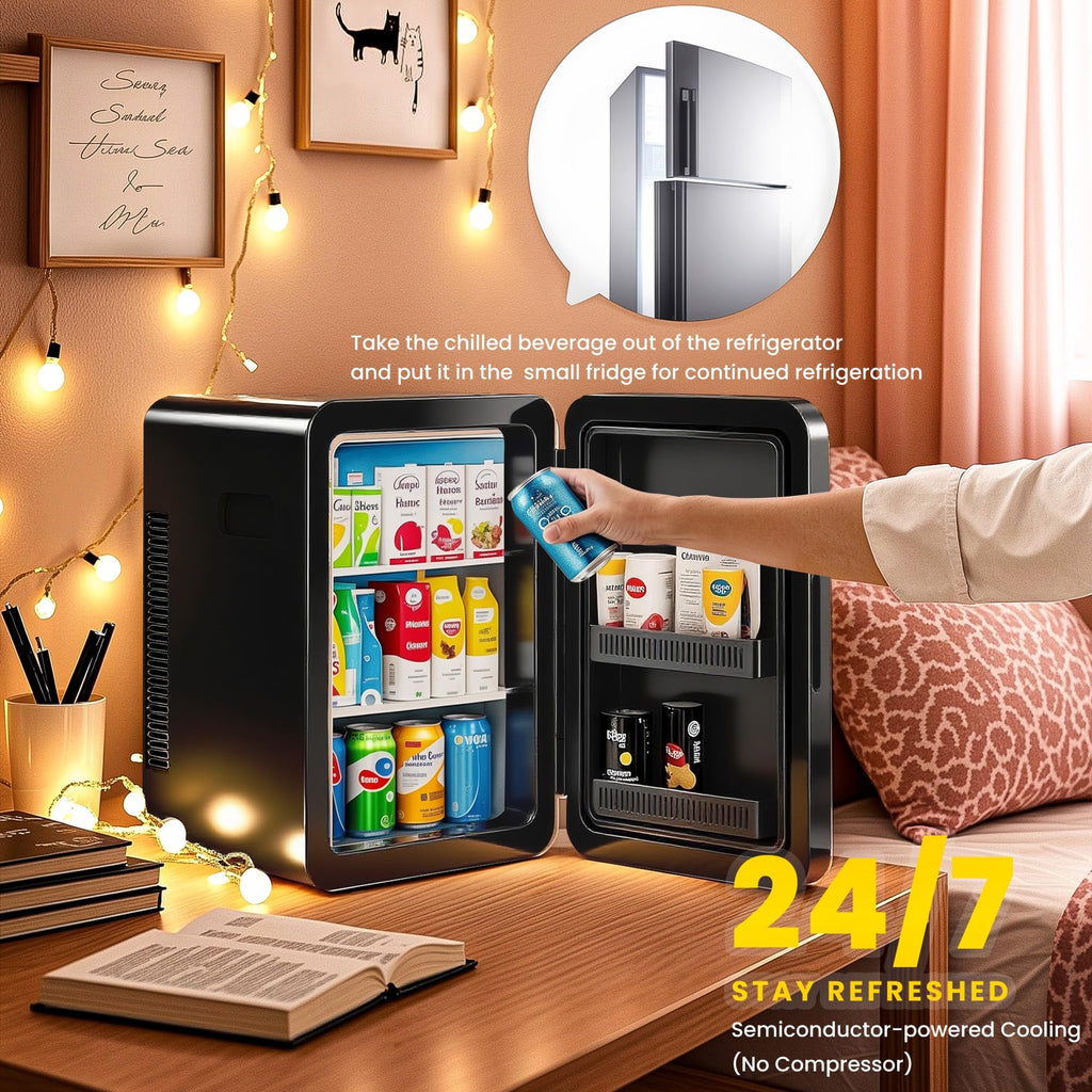 MoraRise Mini Fridge 22L/30 Cans Portable Cooler & Warmer Mini Fridge for Bedrooms with Adjustable Shelves, AC+12V DC Small Fridges for Office, Car, Travel,Home, Skincare, Drinks & Cosmetics (Black)