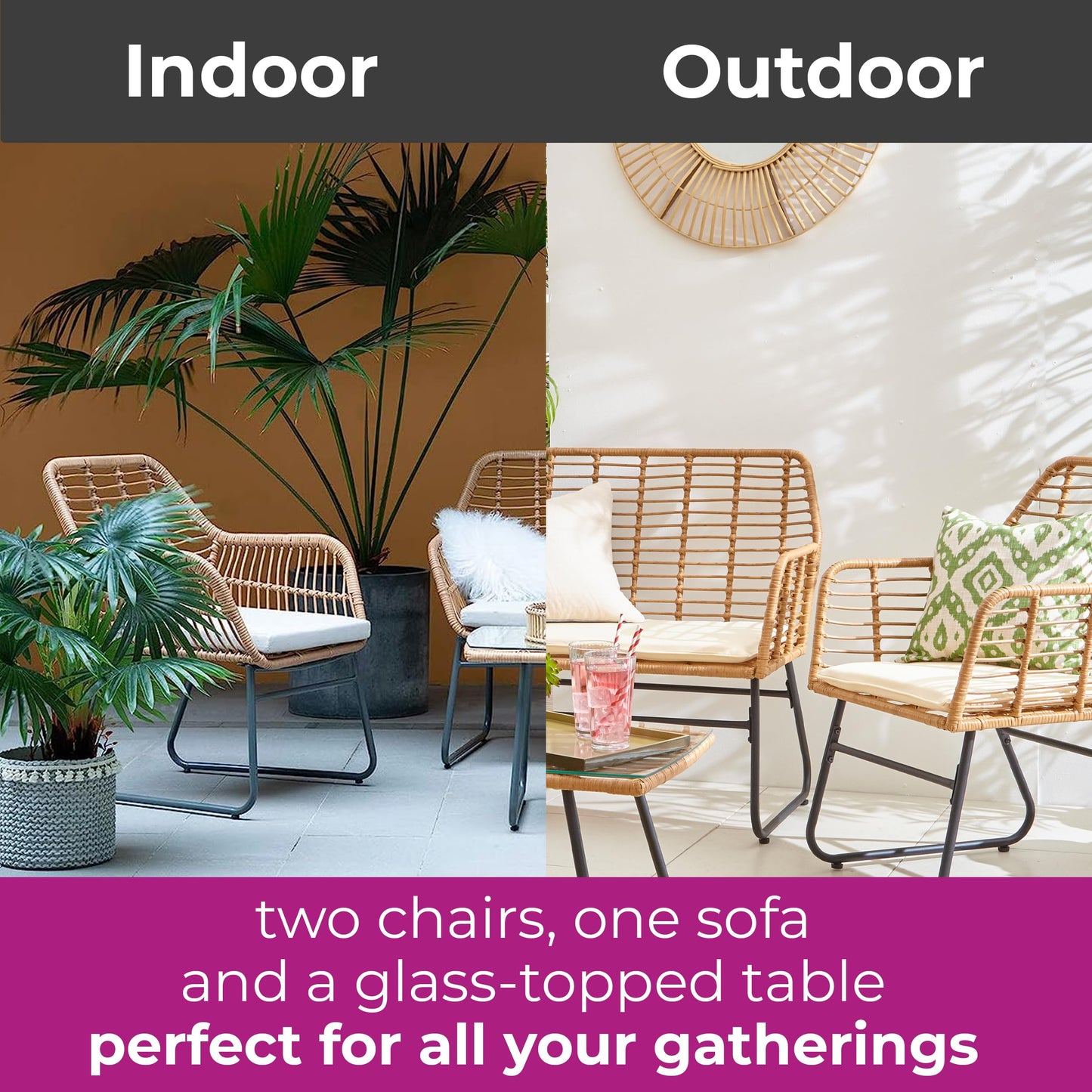 4 Piece Rattan Garden Furniture Set with Sofa, Chairs & Glass Coffee Table Natural
