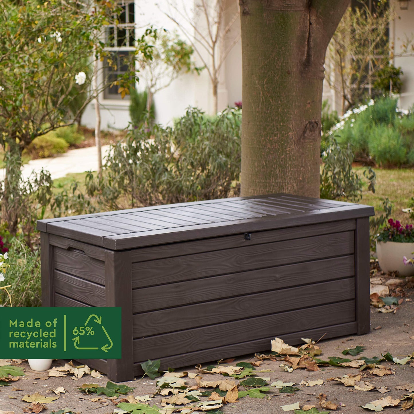 570L Outdoor Garden Storage Box, Brown Wood Panel Effect, Lockable, All-Weather, Fade-Free