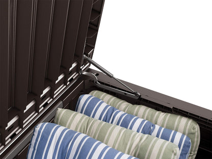 570L Outdoor Garden Storage Box, Brown Wood Panel Effect, Lockable, All-Weather, Fade-Free