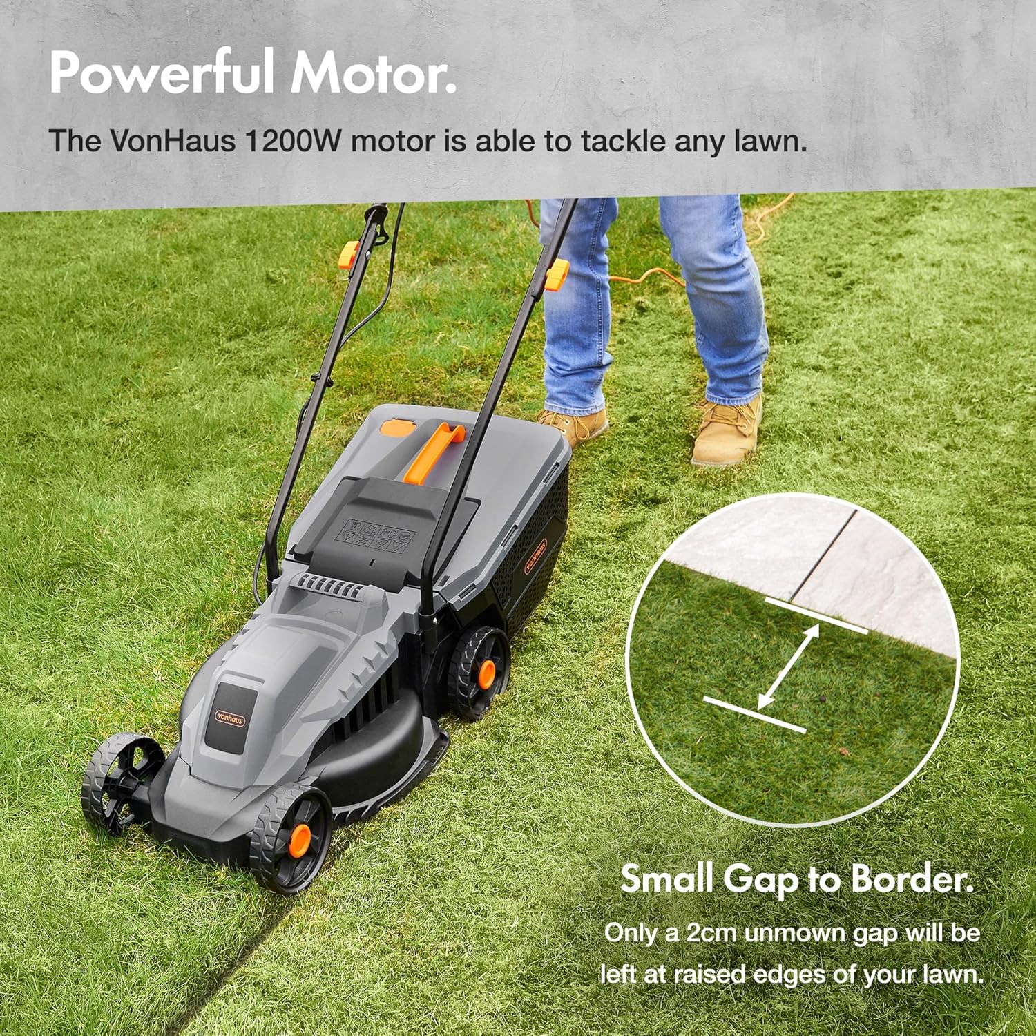 VonHaus Lawnmower 1200W – Electric Corded Lawn Mower for all Types of Grass – 30L Collection Bag, 320mm Working Width, 10m Cable, Foldable Height Adjustable Handlebar, 3 Depth Settings, Carry Handle