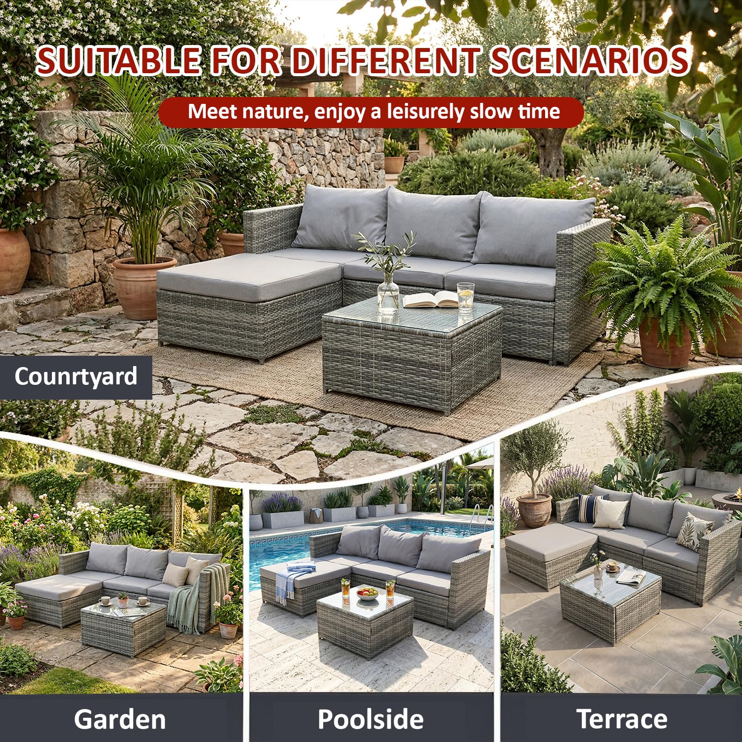 COZYBRITE Garden Corner Sofa Rattan Furniture Set 4 Seater Patio Outdoor Lounge Settee with Glass Coffee Table All-weather SFS066 (Mix Grey Rattan+Grey Cushion)