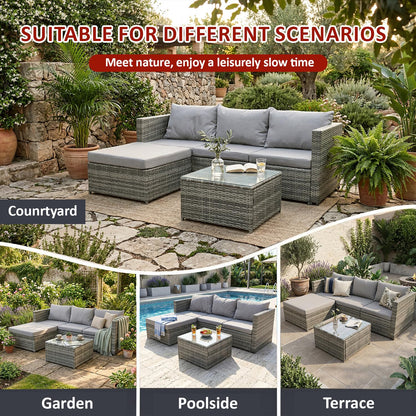 4 Seater Rattan Garden Corner Sofa Set with Glass Coffee Table & Cushions Grey