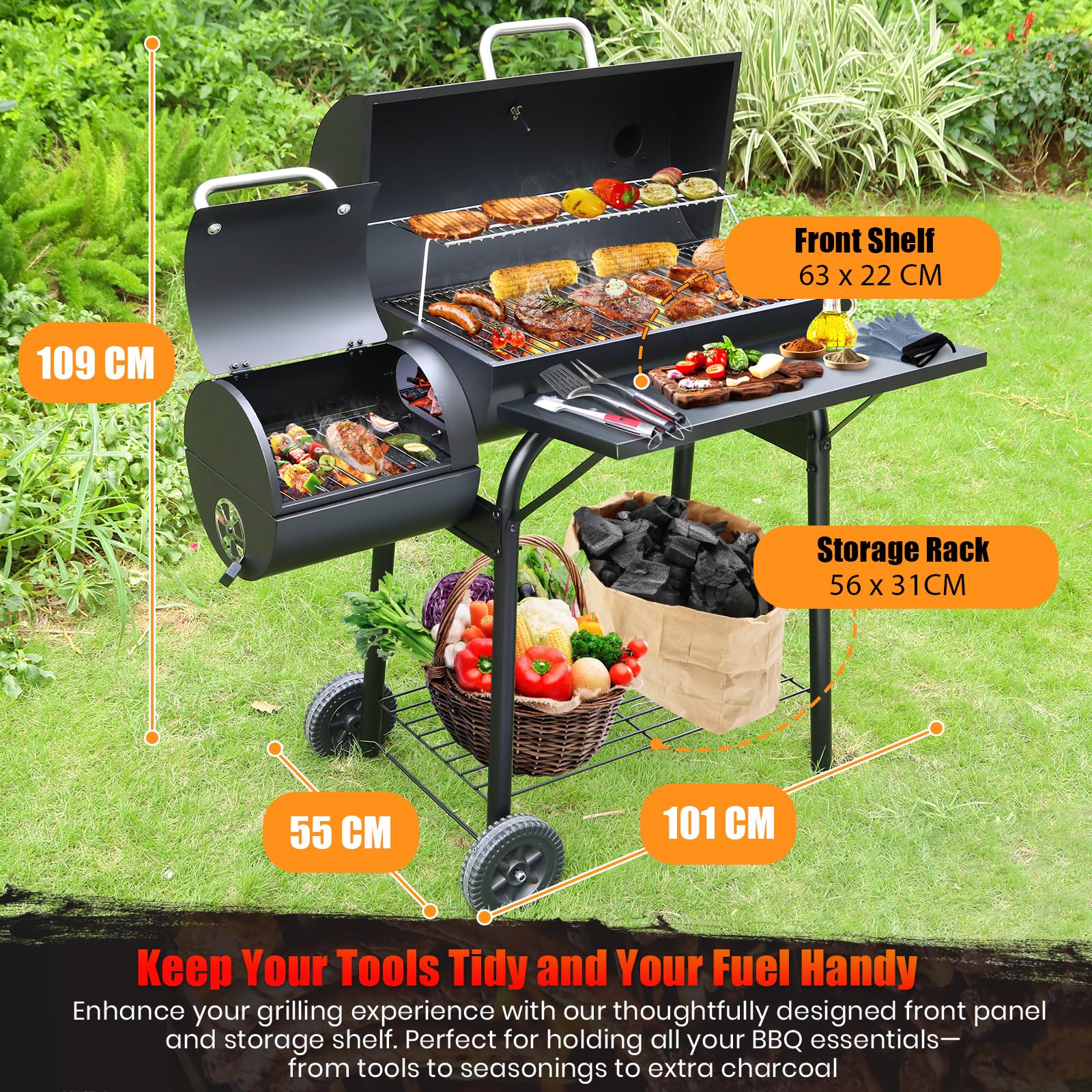 Charcoal BBQ Grill With Offset Smoker: Large Oil Drum Barbecue Barrel Grill For Outdoor Garden
