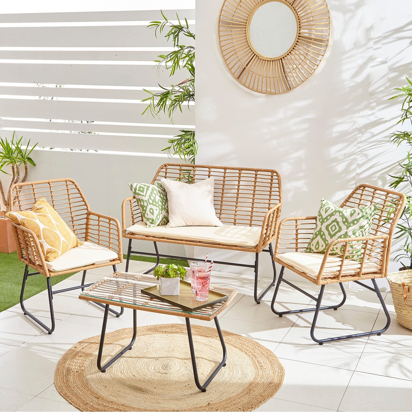 4 Piece Rattan Garden Furniture Set with Sofa, Chairs & Glass Coffee Table Natural