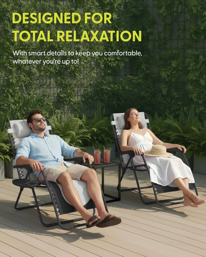 Set of 2 XXL Zero Gravity Reclining Garden Chairs with Cup Holder & Adjustable Headrest