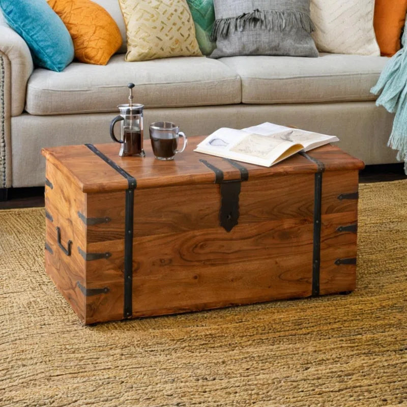 Solid Wood Chest Coffee Table with Storage, Rustic Acacia Trunk Design
