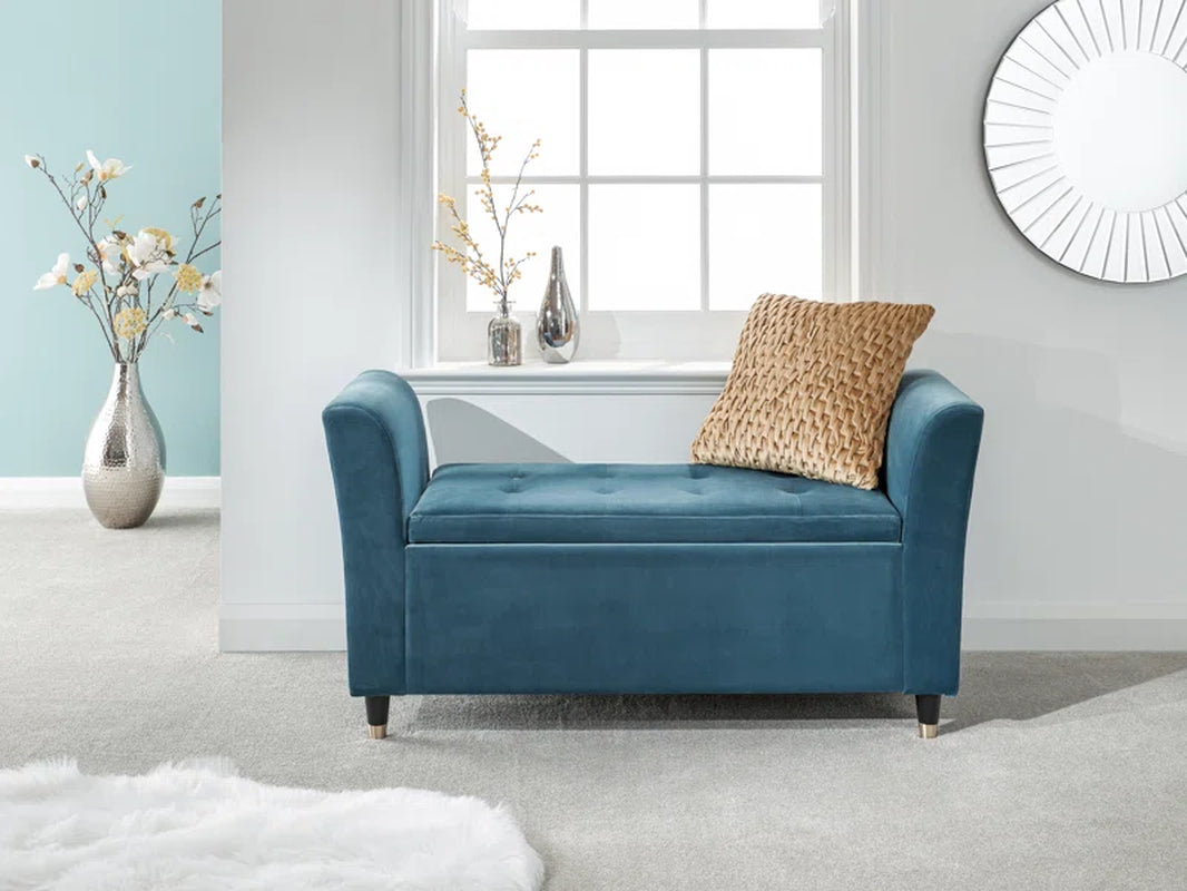 Teal Chenille Storage Bench with Arms, Upholstered Bedroom Seat with Flip-Top Storage