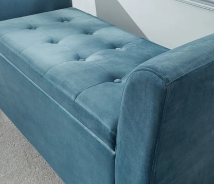Teal Chenille Storage Bench with Arms, Upholstered Bedroom Seat with Flip-Top Storage