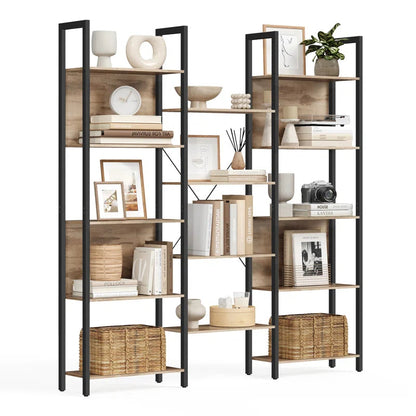 14-Tier Industrial Bookcase with Steel Frame, Large Open Shelving Unit