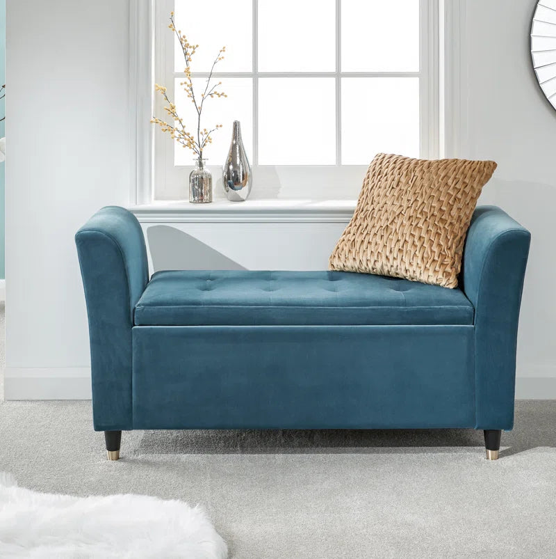 Teal Chenille Storage Bench with Arms, Upholstered Bedroom Seat with Flip-Top Storage